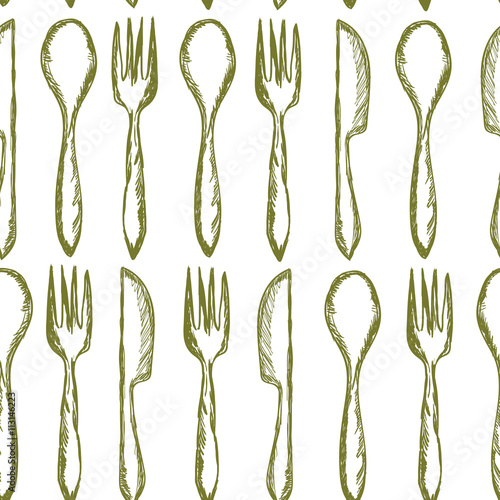 Seamless texture with Fork, Knife, Spoon in sketch style. Hand drawing cutlery pattern. Vector illustration