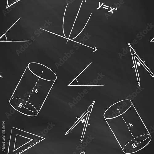 Seamless putter back to school. Vector black blackboard written with white chalk schedule, formula, line, triangle, cylinder, compass and angle. Mathematical background for design tutorials