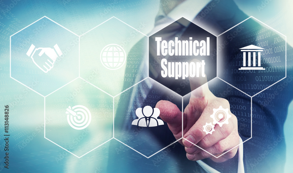 Businessman pushing a technical support concept button. Businessman pushing a technical support concept button.