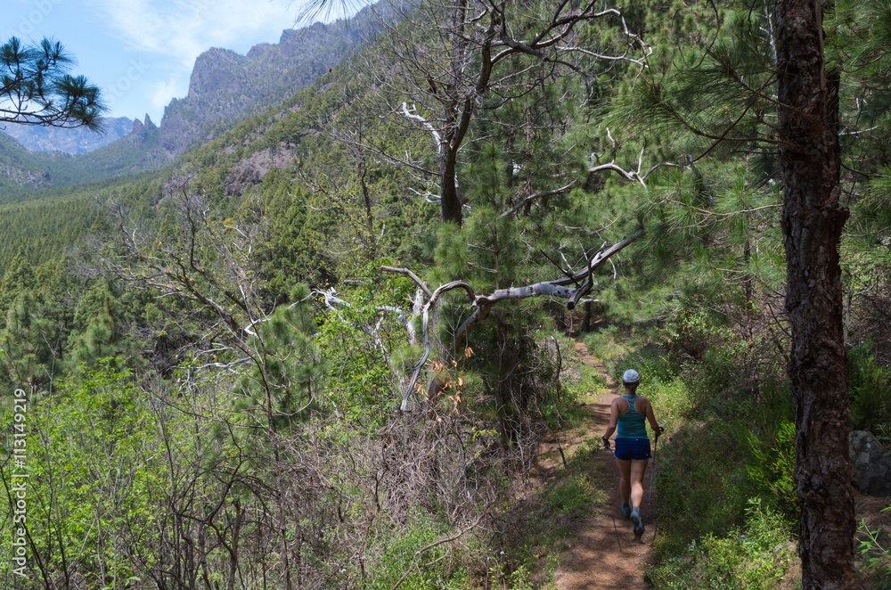 Woman running or hiking in the mountains of la palma Woman running or hiking in the mountains of la palma