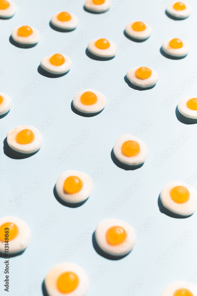 contemporary still life of a group fried eggs candy, colorful pop style contemporary still life of a group fried eggs candy, colorful pop style