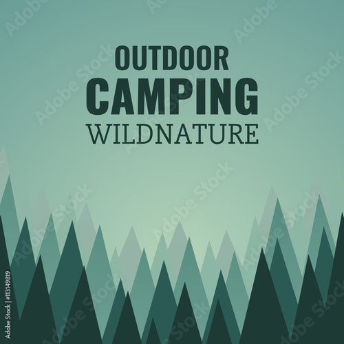 Illustration of trees, wildlife, solar illumination, can be used for camping background.