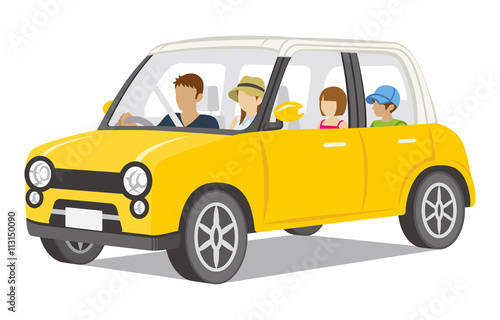 Family riding the Yellow car,Isolated