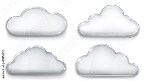 Set of transparent glass clouds in gray colors on white background. Transparency only in vector format. Can be used with any background