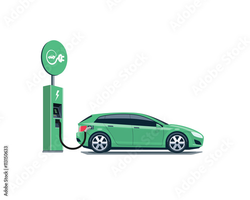 Electric Car Charging at the Charging Station on White Background