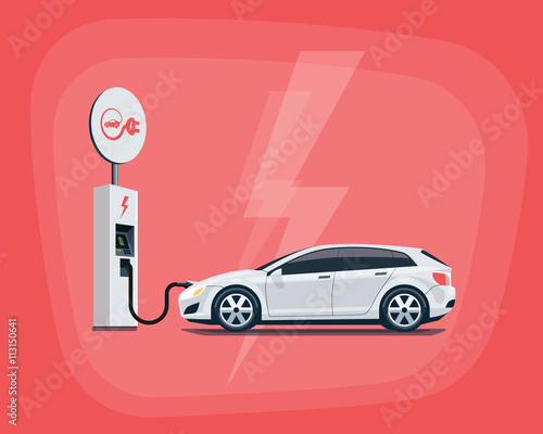 Electric Car Charging at the Charging Station on red background