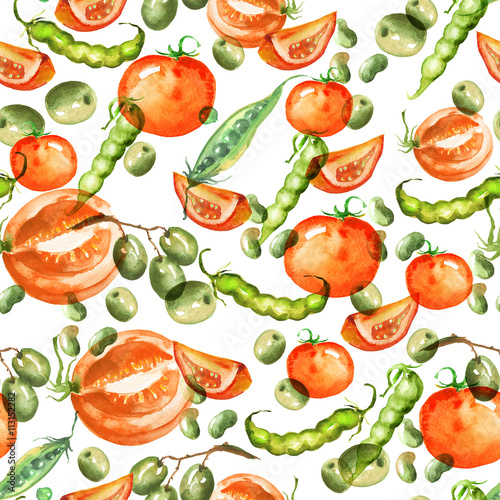  Watercolor seamless pattern. Olives, slices, twigs, peas, beans, berries, vegetables on a white background 