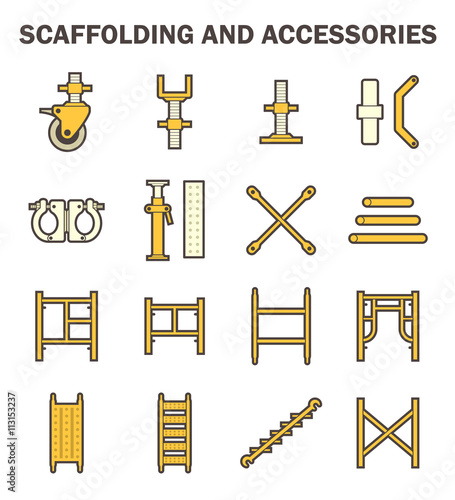 Scaffold component part vector icon also called scaffold or staging. That is ringlock system type. Use as temporary structure to support work in construction, maintenance and repair of building etc.