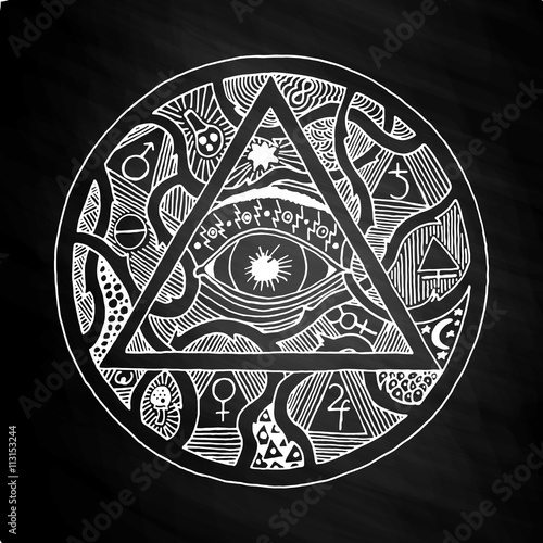 All seeing eye pyramid symbol design on chalkboard
