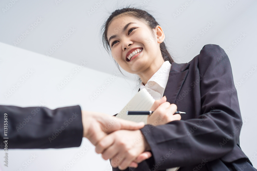 Cheerful asian businesspeople and client handshaking Cheerful asian businesspeople and client handshaking