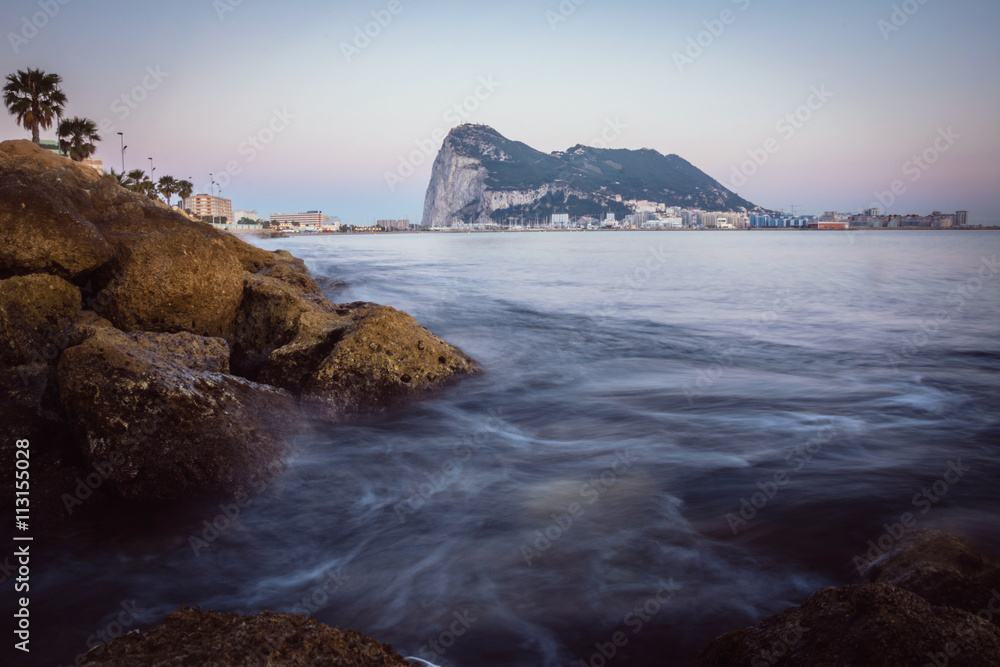 The Rock of Gibraltar at dusk seen from la Linea dela Concepcion, South spain