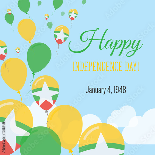 Independence Day Flat Greeting Card. Myanmar Independence Day. Myanmarian Flag Balloons Patriotic Poster. Happy National Day Vector Illustration. photo