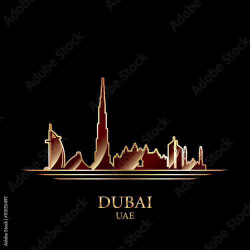 Gold silhouette of Dubai on black background
