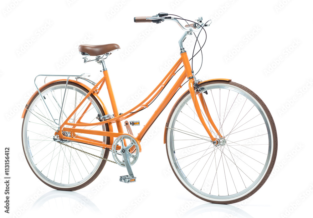 Stylish orange bicycle isolated on white background