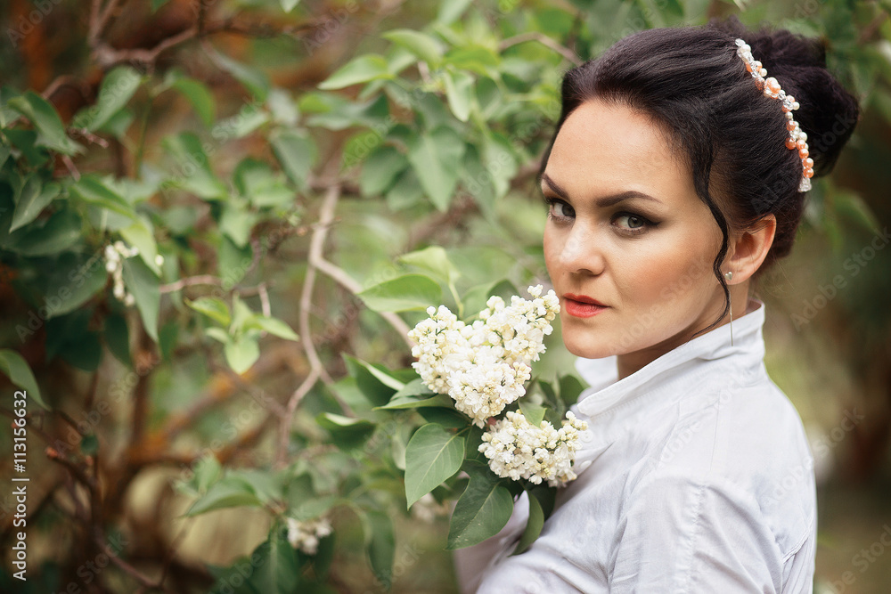 beautiful brunette girl with lilac