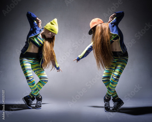 A collage of two photos with dancing girl in a tracksuit