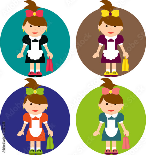 Little schoolgirl with schoolbag. Colorful flat illustrations (icons set)