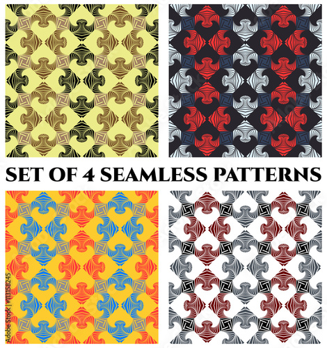 Set of 4 stylish seamless patterns with decorative ornament of blue, red, golden, white, yellow and black shades