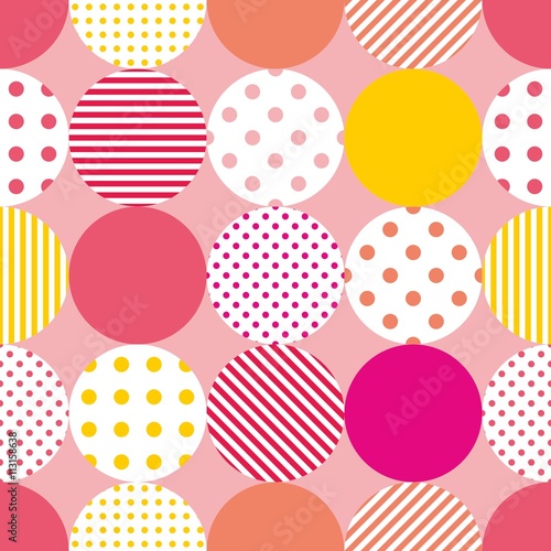 Tile patchwork vector pattern with polka dots on pastel pink background