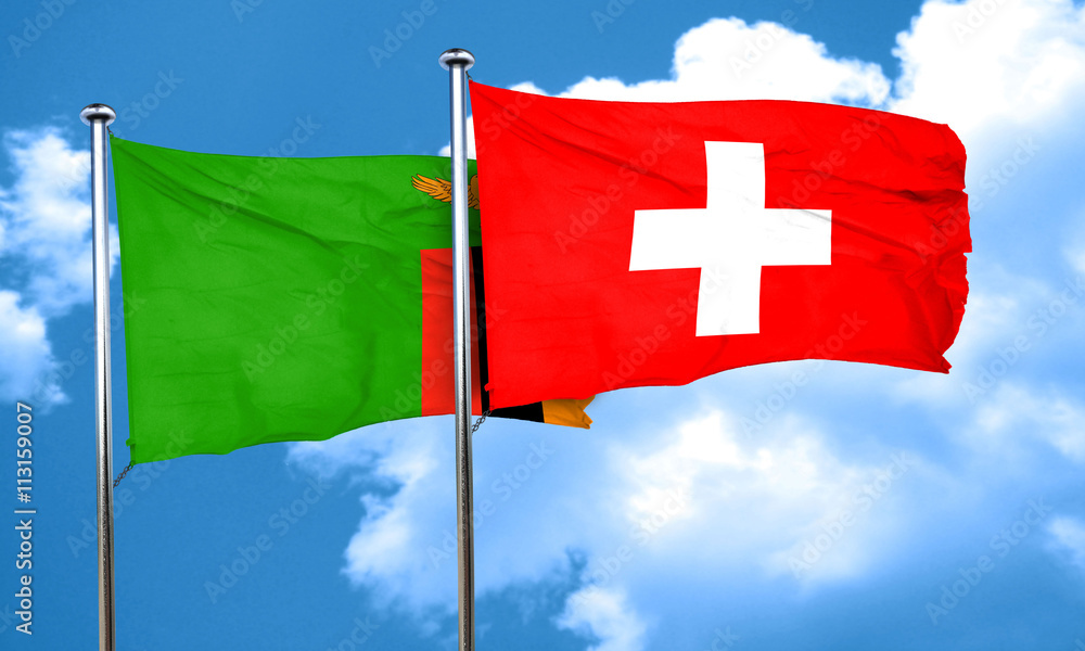 Zambia flag with Switzerland flag, 3D rendering