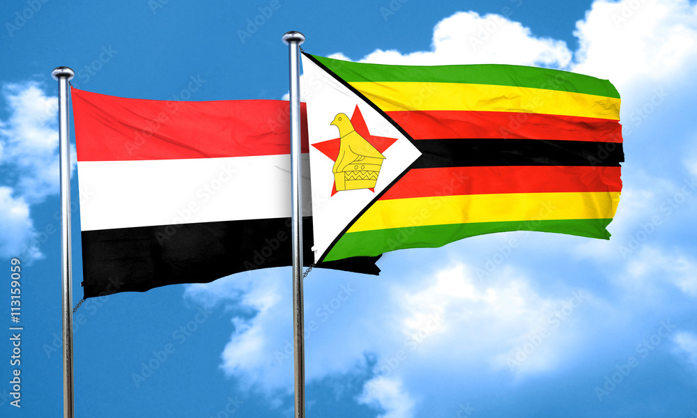 Yemen flag with Zimbabwe flag, 3D rendering Yemen flag with Zimbabwe flag, 3D rendering