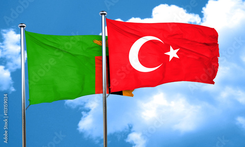 Zambia flag with Turkey flag, 3D rendering