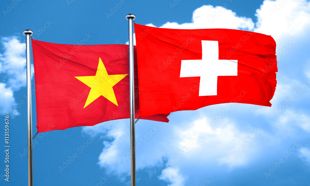 Vietnam flag with Switzerland flag, 3D rendering