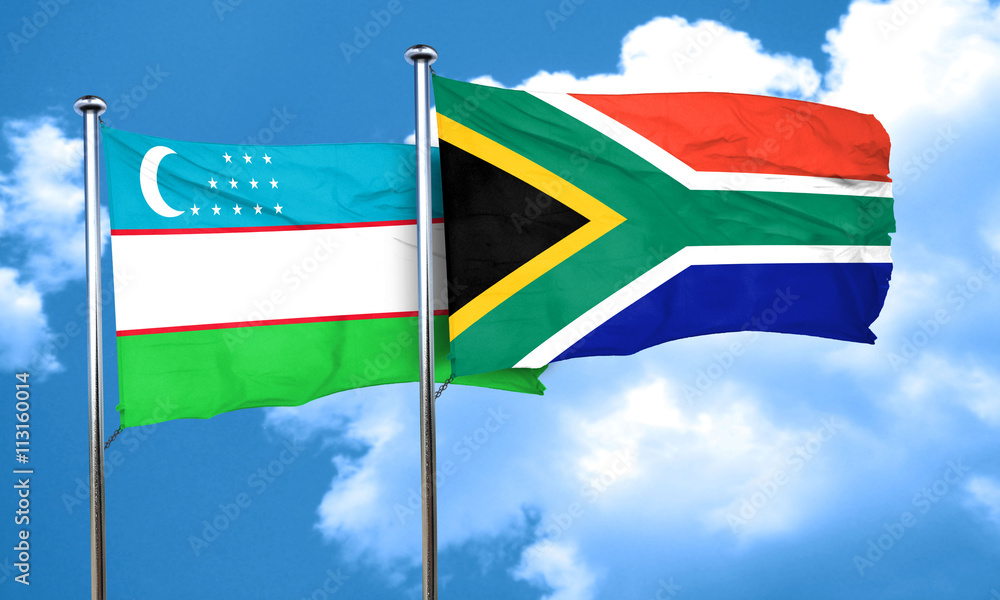 Uzbekistan flag with South Africa flag, 3D rendering Uzbekistan flag with South Africa flag, 3D rendering