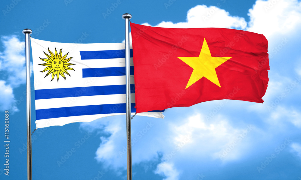 Uruguay flag with Vietnam flag, 3D rendering Uruguay flag with Vietnam flag, 3D rendering