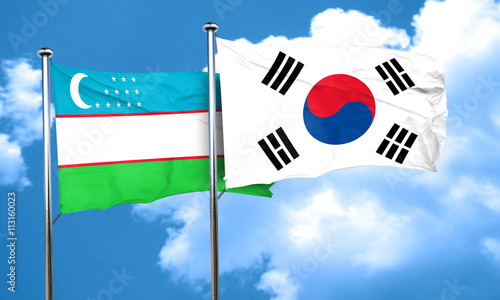 Uzbekistan flag with South Korea flag, 3D rendering