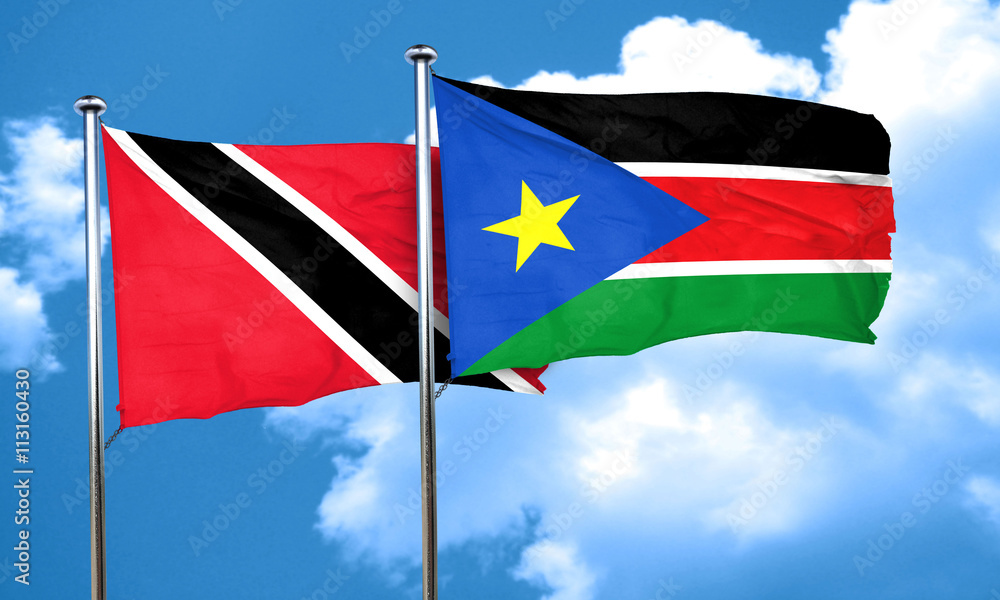 Trinidad and tobago flag with South Sudan flag, 3D rendering Trinidad and tobago flag with South Sudan flag, 3D rendering