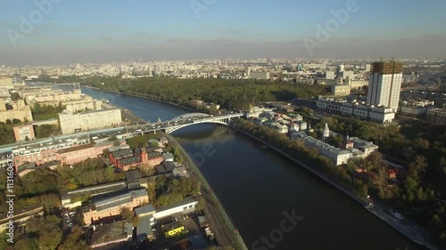 Moscow river. Drone Aerial view. Luzhniki, Bridge. Ultra HD 4K