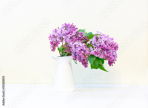 branch of lilac in a vase on white background with shadow © AlexandraBudzinskaya