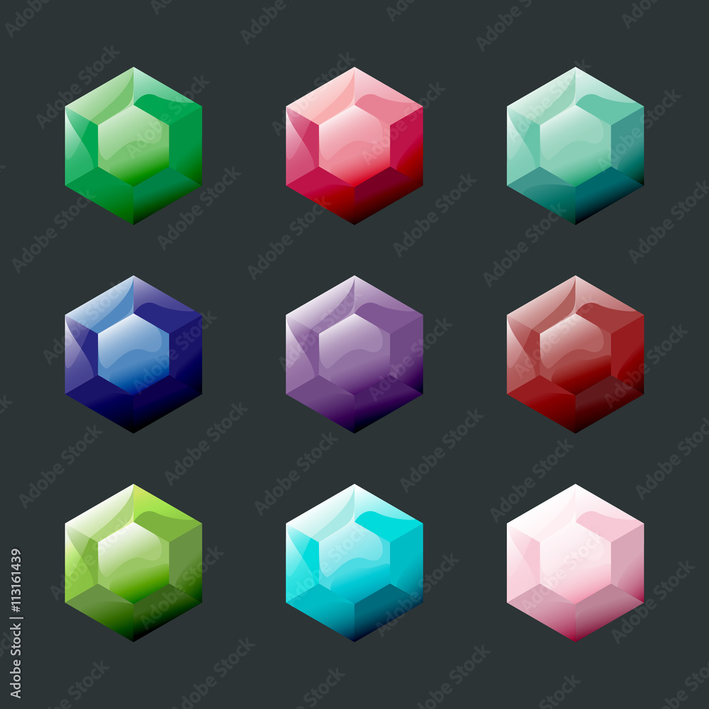 Set of hexagon different color crystals,gemstones,gems,diamonds vector gui assets collection for game design. Set of hexagon different color crystals,gemstones,gems,diamonds vector gui assets collection for game design.