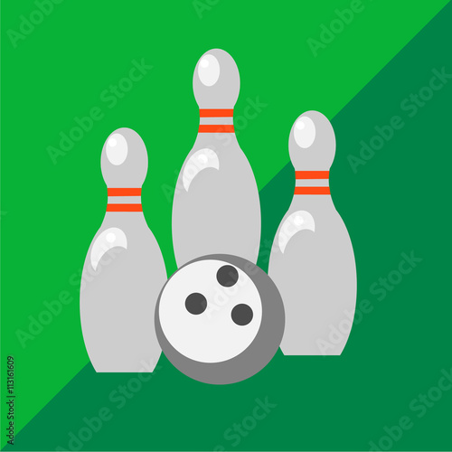 Skittles and bowling ball on two-tone background. Picture style flat