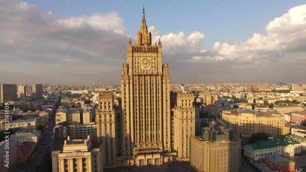 The ministry of foreign affairs of the Russian Federation MID. Moscow city center flight. Unique aerial close view. Stalin high rise building. Arbat street, Garden ring traffic. UltraHD 4K. The ministry of foreign affairs of the Russian Federation MID. Moscow city center flight. Unique aerial close view. Stalin high rise building. Arbat street, Garden ring traffic. UltraHD 4K.