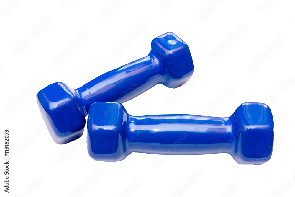 Two blue dumbbells on a white background