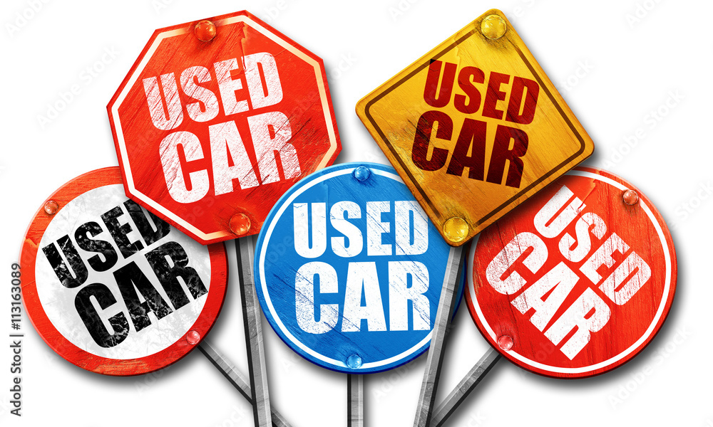 used car, 3D rendering, street signs