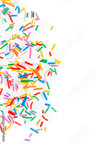 Colorful candy sprinkles isolated on white background card
