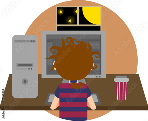 The girl works at the computer. Colorful flat illustration (icon)