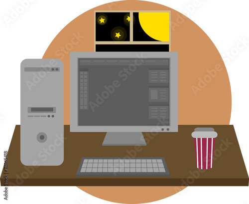 IT workplace (system unit, monitor, keyboard) and program interface. Colorful flat illustration (icon)