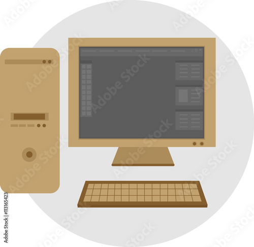IT workplace (system unit, monitor, keyboard) and program interface. Colorful flat illustration (icon)