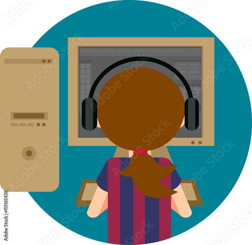 The girl works at the computer. Colorful flat illustration (icon)