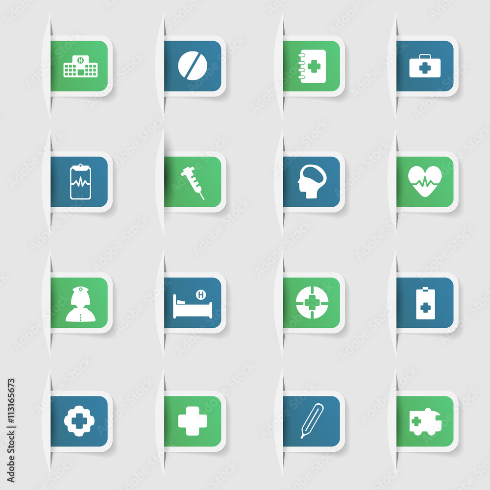 Set, a collection of unique paper stickers icons medicine Set, a collection of unique paper stickers icons medicine