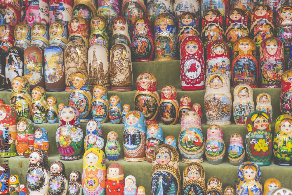 Very large selection of matryoshkas Russian souvenirs at the gift shop in Moscow