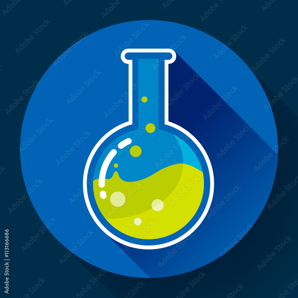 Round chemical lab flask with liquid icon. Flat design style. Round chemical lab flask with liquid icon. Flat design style.