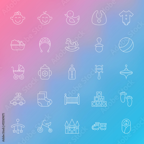 Toys and Baby Line Icons Set over Blurred Background