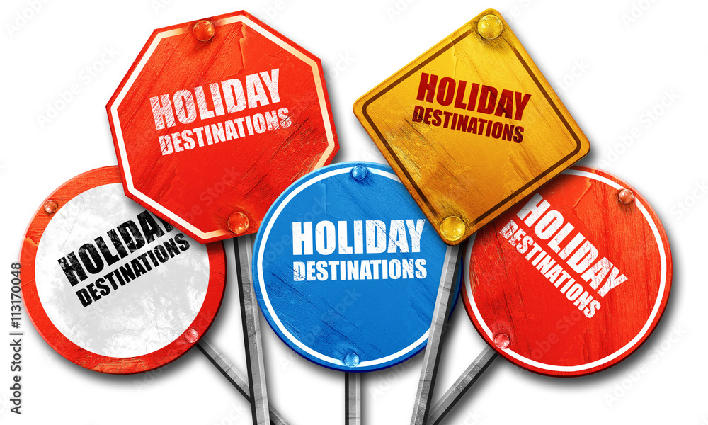 holiday destinations, 3D rendering, street signs holiday destinations, 3D rendering, street signs