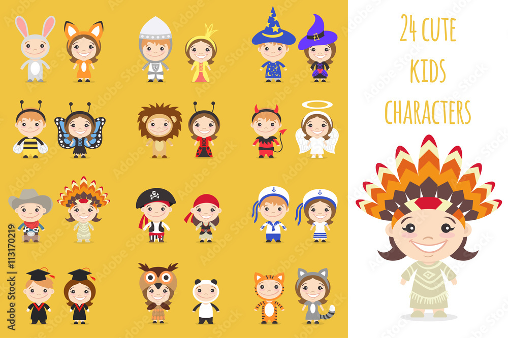 Obraz premium Set of different colorful cartoon kids characters in different costumes
