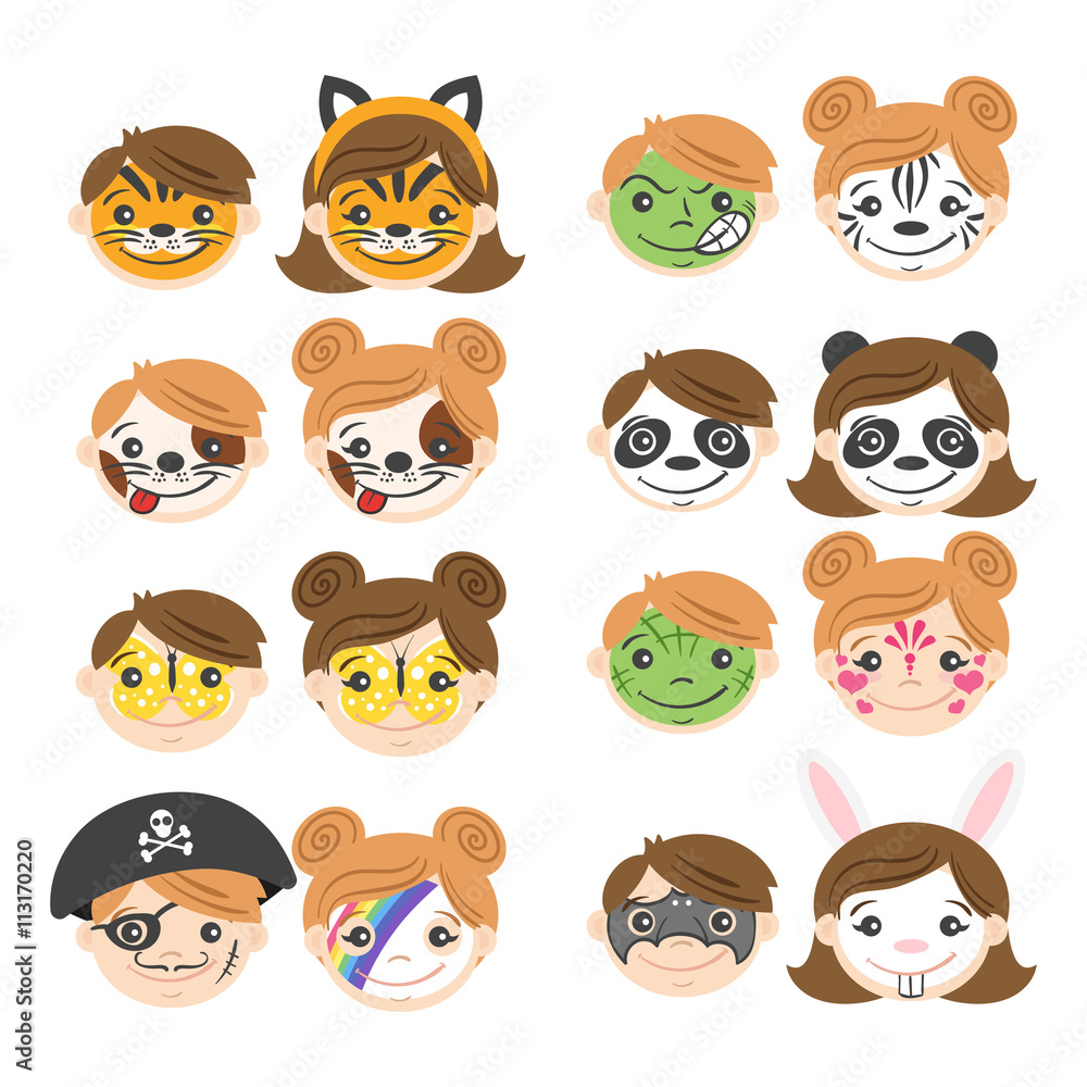 Vector illustration of kids faces. Face painting for kids. Vector illustration of kids faces. Face painting for kids.